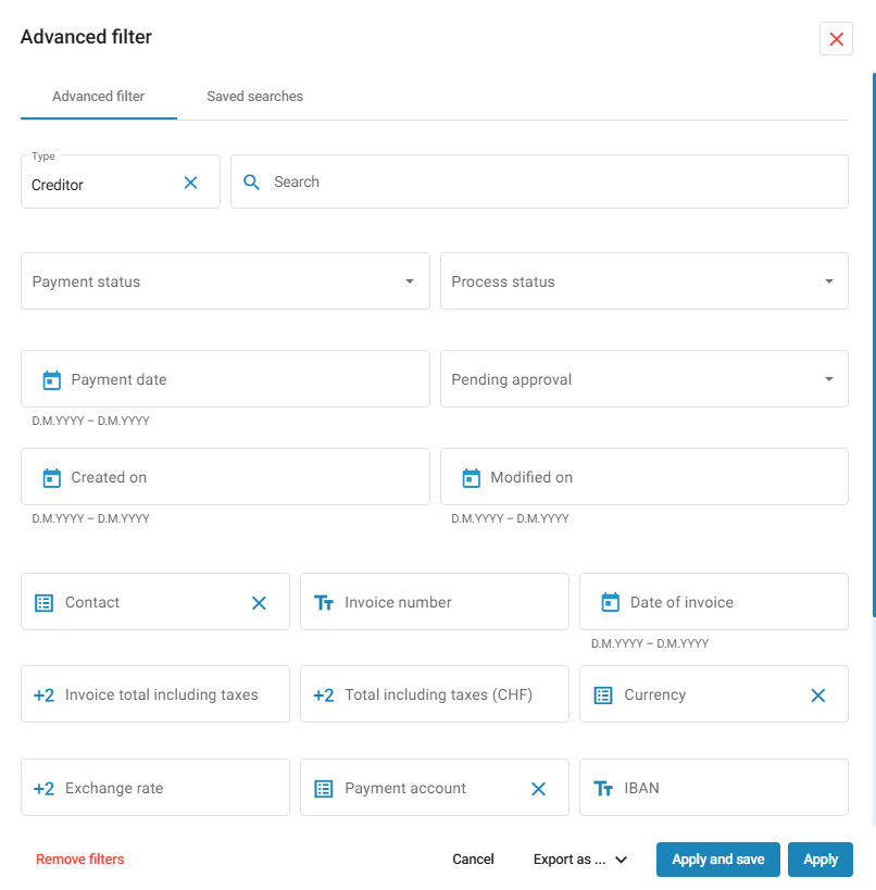 Advanced filter panel