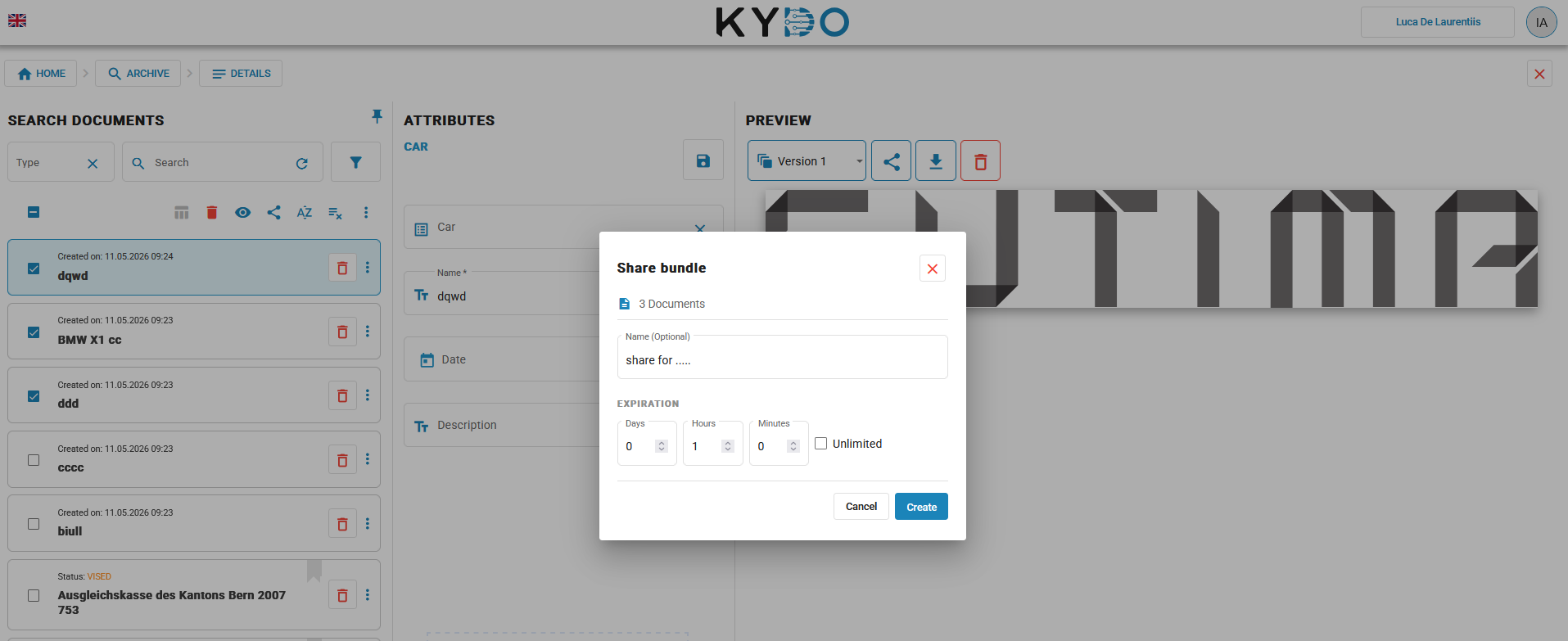 Share bundle creation dialog