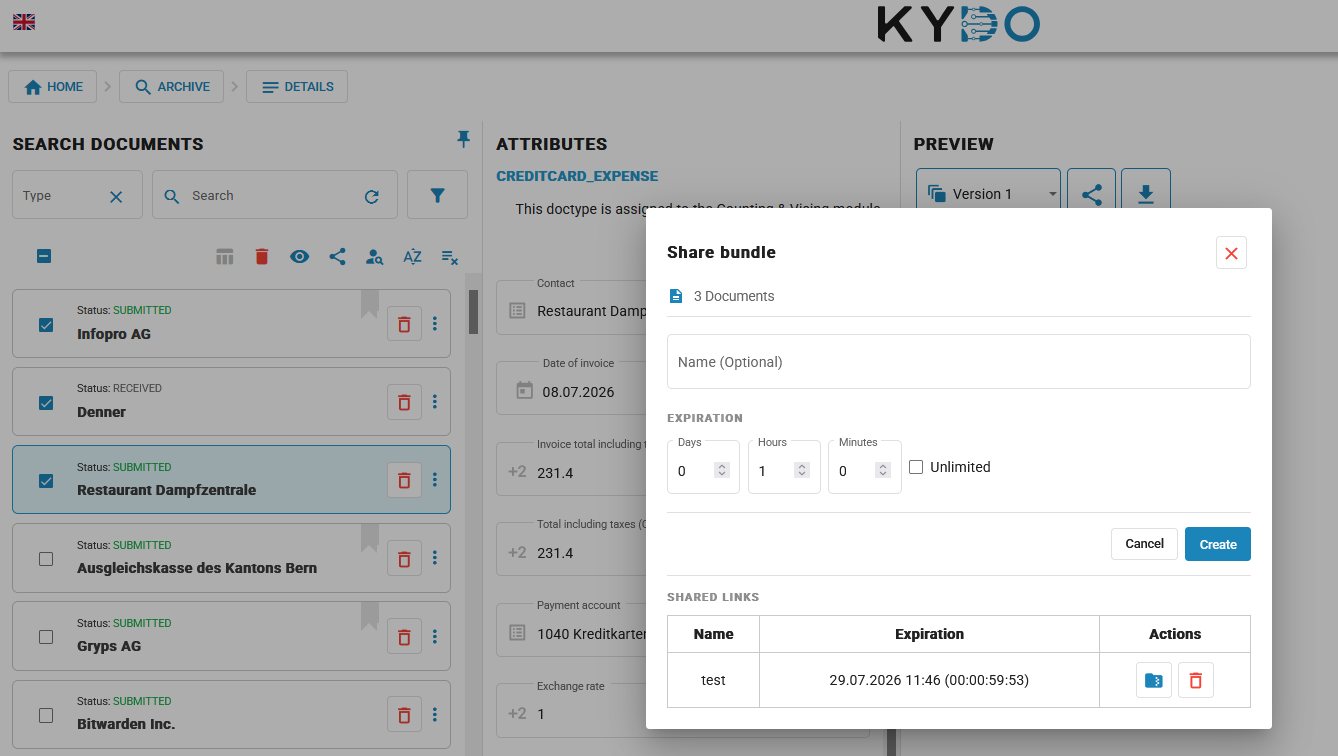 Share bundle dialog, showing the create form and the Shared Links table