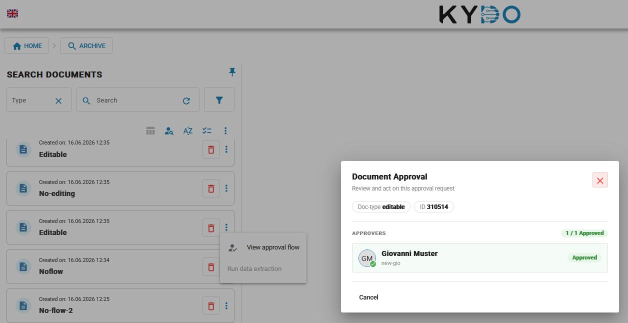 Accessing the approval dialog via the document context menu