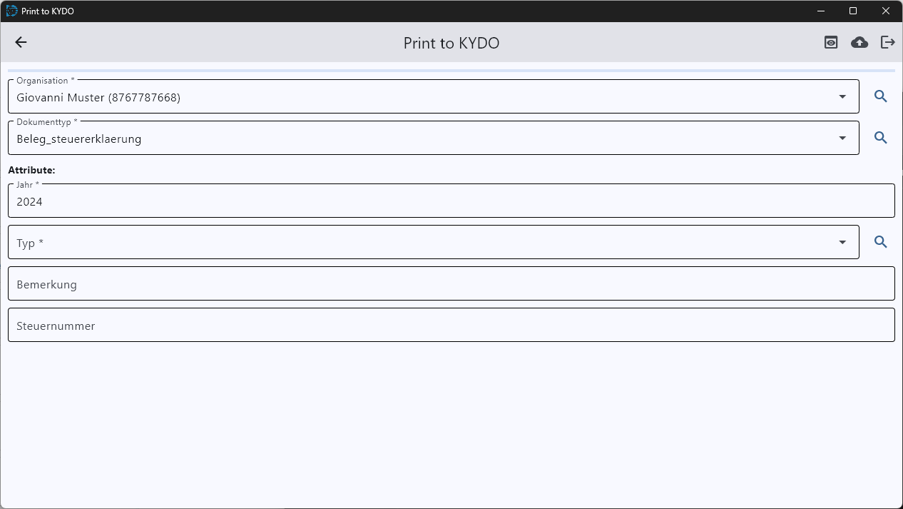 Print to KYDO — attribute form with organisation and doc type selection