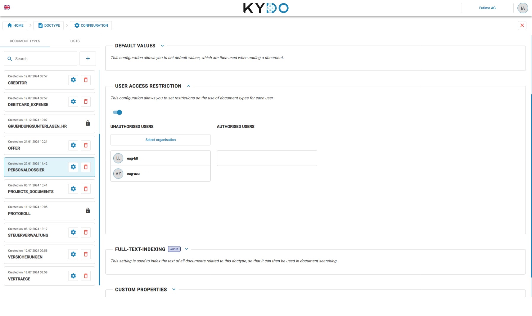 Doc type configuration — User Access Restriction