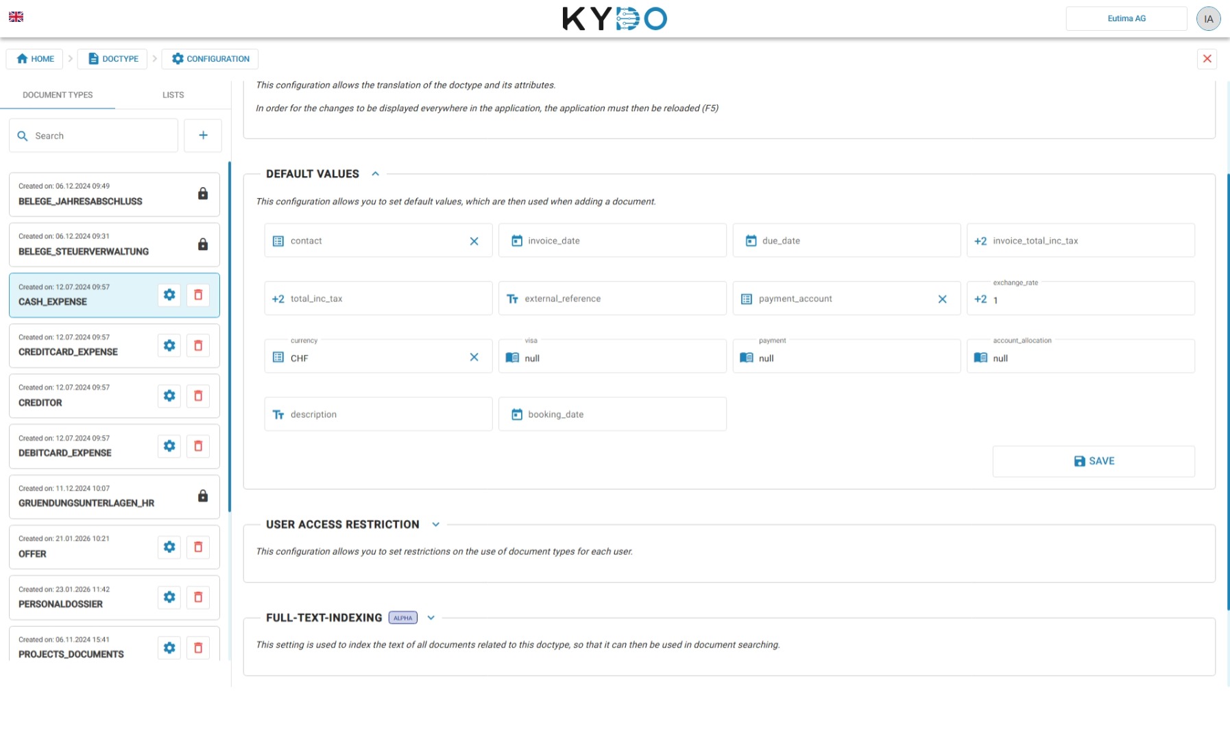 Doc type configuration — Default Values